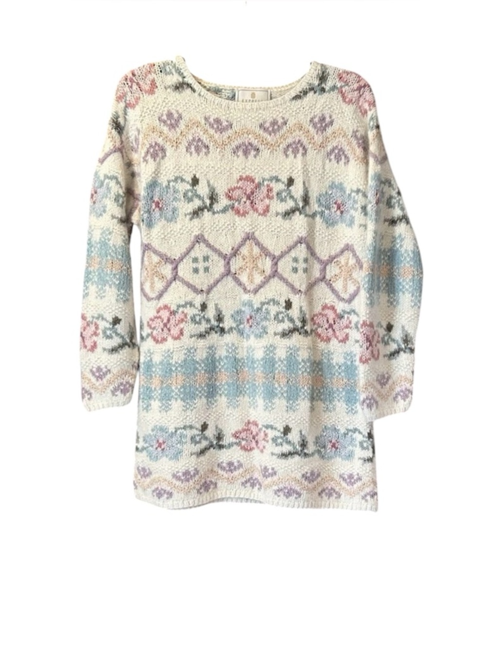 Vintage‎ 90s Express Tricot Hand Knitted Sweater XS Floral Angora Silk Blend